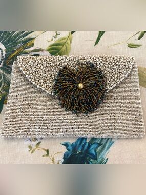 Beaded Envelope Clutch in Ivory with Decorative Accent